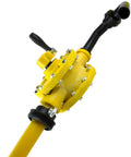 Heavy Duty No Sweat Manual Drum Pump Featuring Chemical Resistant Rotary Crank Mechanism with yellow body and extended suction tube.