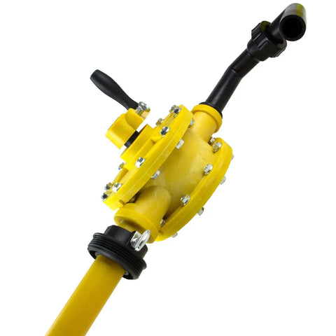 Heavy Duty No Sweat Manual Drum Pump Featuring Chemical Resistant Rotary Crank Mechanism with yellow body and extended suction tube.
