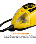 Heavy Duty Hardcore Steam Cleaner 1500W Straight Up Chemical Free Deep Cleaning Beast With Large Tank side view with safety reminder.