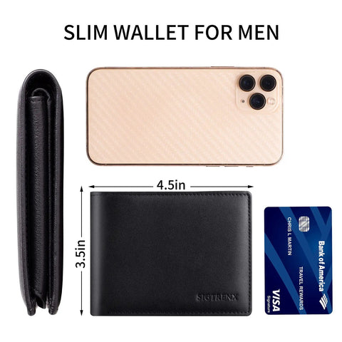 Leather Wallet For Men, Genuine Leather Bifold RFID Blocking Wallet With 2 ID Windows, Black next to phone and credit card