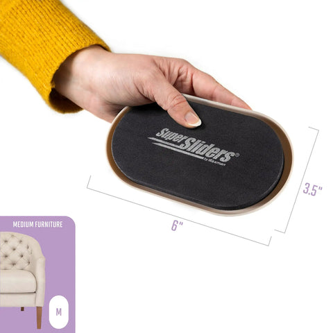 Person holding Easy Glide Carpet Furniture Sliders Set of 8 for Heavy Sofas Beds and Dressers, measures 6x3.5 inches