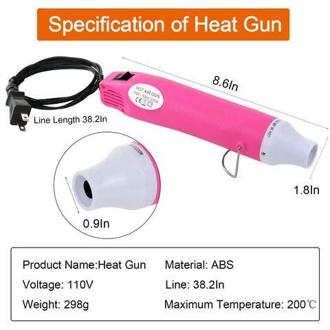 Portable 300W Hot Air Gun For DIY Resin Craft And Embossing All In One Shrink Wrap Cup Turner Resin Bubble Removal Dryer Pink Mini Handheld Tool With Stand side view with dimensions and specifications.