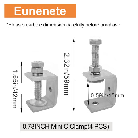304 Stainless Steel C Clamps Set 20mm Mini Tiger Clamps for Woodworking showing measurements in inches and millimeters