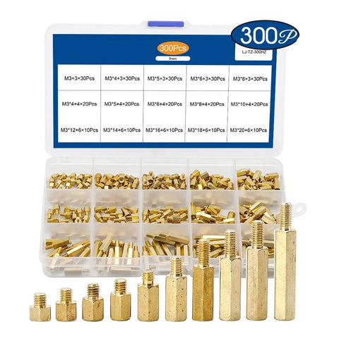 Three Hundred Piece M3 Male And Female Hex Brass Standoff Spacer Kit For Electronics Projects DIY Friendly Makers Pack Durable Hexagon Spacers For Secure Mounting And Stable Stacking Wide Assortment Pack, organized brass spacer case