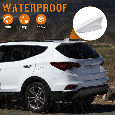 Shark Fin Antenna Cover For Hyundai Santa Fe GPS 2012 2013 2014 2015 2016 2017 2018 Glossy White Car Roof Antenna Shell Direct Fit Replacement 96210 2W410 96210 2W200 No Drilling Needed Easy Install Antenna Cap Lid shown on parked SUV, waterproof in rain, fog, and snow conditions