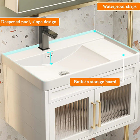 Slick Wall Mounted Bathroom Sink Combo featuring deepened ceramic pool, slope design, and built-in storage board. Size: 60x44x50cm.