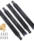 Rugged 18 Inch Full Extension Drawer Slides With Ball Bearings For Side Mount Cabinets Four Pack Black Steel Rails in view with screws.