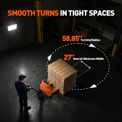 Heavy Duty 4400 Lbs Electric Pallet Jack Truck With Four Foot By Two Foot Three Inch Forks demonstrating tight turning radius and maneuverability.