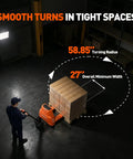 Heavy Duty Full Electric Pallet Jack Truck With Lithium Battery Powered Handling System For Warehouses And Factories 4400 Lbs Load Capacity turning in tight spaces with 58.85 inch radius.