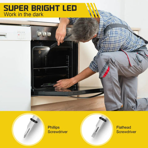 Person using Fathers Day Gift For Dad And Men 9 In 1 Multitool Pen With LED Light to fix oven with screwdriver tips displayed.