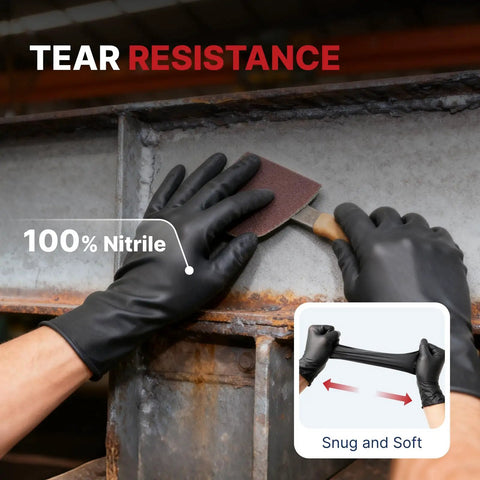 Heavy Duty Nitrile Work Gloves 8 Mil Thick Tough As Nails Textured Grain Grip Powder And Latex Free Job Site Ready Industrial Safety Gloves Black Large 100 Pack, demonstrating tear resistance.