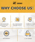 Graphic highlighting benefits of Zero products: 24/7 service, high quality, 100% warranty, 2-day shipment.
