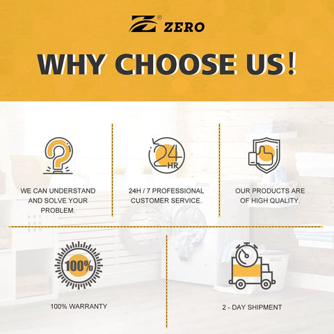 Graphic highlighting benefits of Zero products: 24/7 service, high quality, 100% warranty, 2-day shipment.