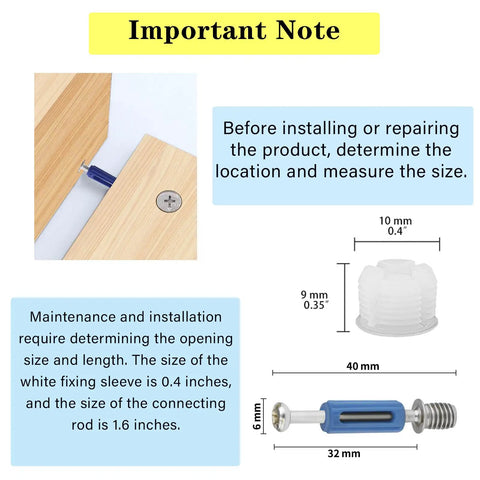 Top Shelf Cam Lock Hardware Kit With 124 Pieces For Cabinet And Drawer Installation includes detailed sizing information for proper installation.