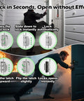 Heavy Duty Home Security Door Lock With Non Spring Flip Design For Easy Access Beefed Up Kick Proof Construction And Withstands 1200 Lbs Of Force Childproof Door Reinforcement For Inward Swinging Doors Silver 1 Pack shown in various locking positions and usage scenarios.