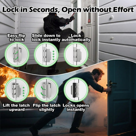 Heavy Duty Home Security Door Lock With Non Spring Flip Design For Easy Access Beefed Up Kick Proof Construction And Withstands 1200 Lbs Of Force Childproof Door Reinforcement For Inward Swinging Doors Silver 1 Pack shown in various locking positions and usage scenarios.