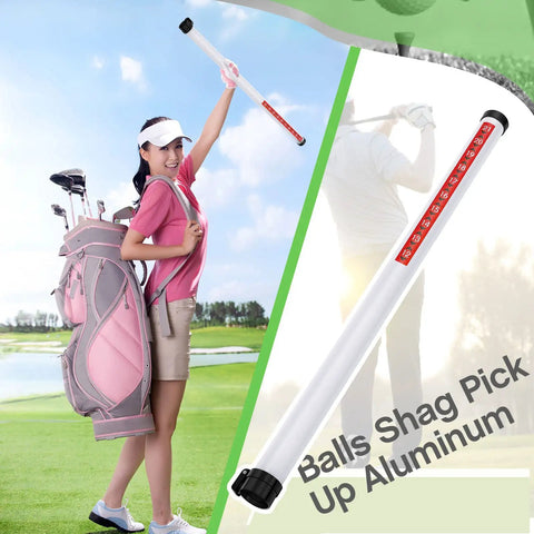 Woman holding Two Pack Clear Golf Ball Retriever Tubes 35.4 Inch Shagger Grabber Picker Upper, walking on golf course