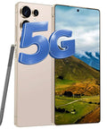 Unlocked 5G Smartphone With Built In Stylus Pen 6.99 Inch HD Plus Display Android 14 System 12 GB RAM And 512 GB Storage Killer 7000 Mah Battery Dual SIM Face Unlock Desert Gold Built Different Goated Look with stylus beside it.