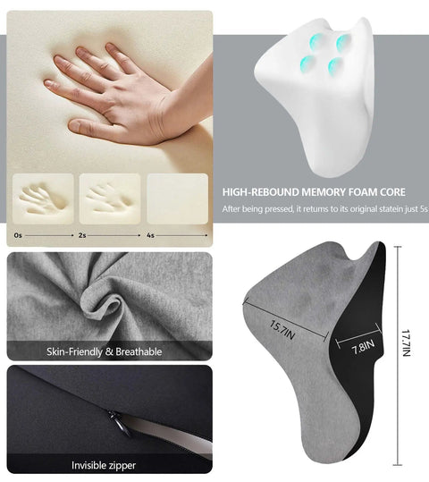 Two In One Office Chair Headrest Pillow And Lumbar Support, memory foam detail, breathable cotton, shown in gray with zipper