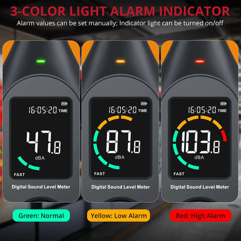 Pro-Grade Digital Sound Level Meter With Data Logger, handheld noise meter display with three-color alarm indicator and dBA readings