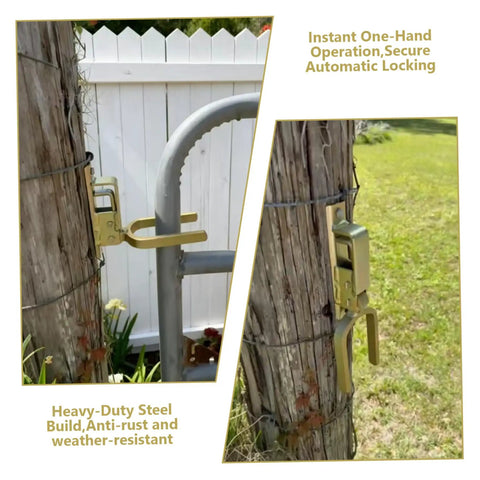 Farm Gate Latch Instant Locking Fence Gate Latch Heavy-Duty One-Hand Gates Locks for Farm, Ranch & Backyard on wood post.