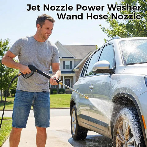 Man using High Pressure Garden Hose Nozzle With Metal Power Washer Wand Jet Three Spray Tips Heavy Duty Brass Connector