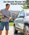 Man using Beefy Heavy Duty Hose Sprayer With 3 Interchangeable Nozzles to wash car with jet spray in driveway