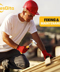 Worker on roof with hammer performing fixing and maintenance under sunny sky.