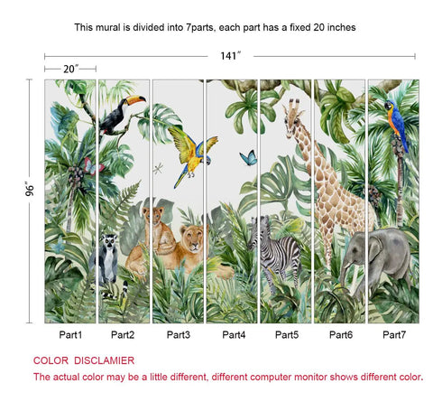 Safari Jungle Wall Mural For Kids Room In Watercolor Animals Style, Nursery Decor, Not Peel And Stick, 141 X 96 Inches