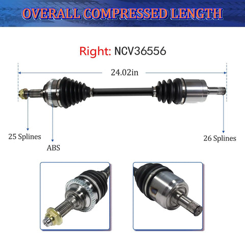 Front Pair CV Axle Assembly For Honda Civic 2001 2002 2003 2004 2005 1 7L Manual Transmission Premium Quality Direct Fit Replacement And Easy Install Excludes CRX Del Sol FWD Wagon Left Right, showing right axle with 25 and 26 splines, ABS feature.