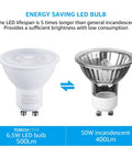Comparison between GU10 LED 500lm bulb and 50W incandescent bulb, showcasing energy efficiency and brightness differences.