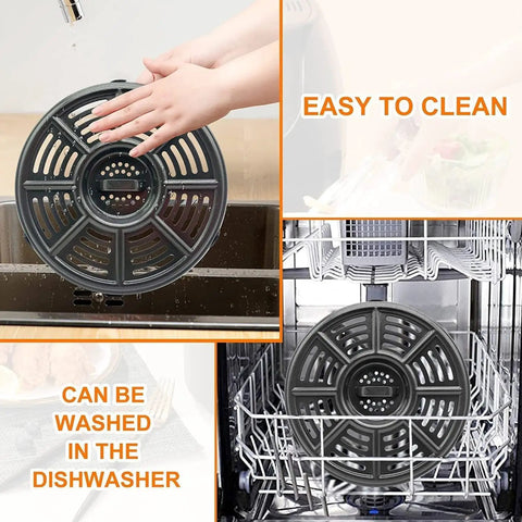 No Stress 6.5 Qt Air Fryer Crisping Plate For Ninja Foodi FD302 FD305 Os300 Os301 Op302 being rinsed in a sink, dishwasher safe.