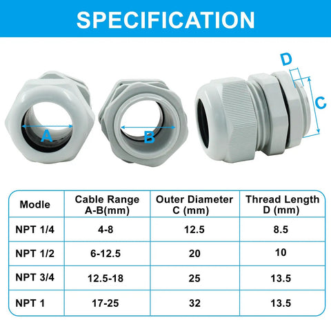 Specifications of 5 Pack 1 Inch NPT Cable Glands Waterproof Strain Relief Wire Connectors in grey for outdoor use