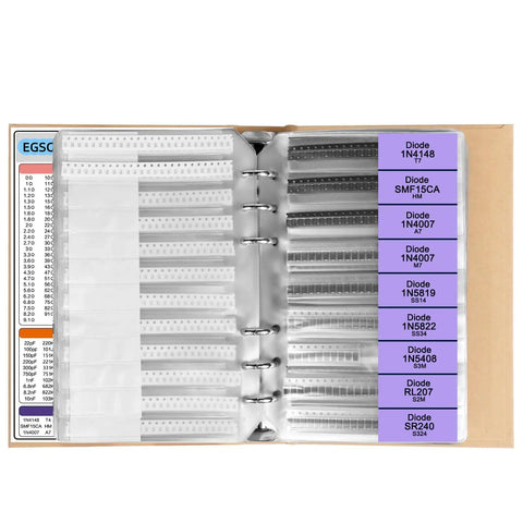 Extensive SMD Electronics Component Kit with 5600 pieces in booklet showing diodes section with labeled sleeves