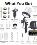 Premium HVLP Air Spray Gun Kit With Three Precision Nozzles And Ten Disposable Cups For Hella Smooth Paint Application And Top Notch Finish Quality On Wood And Auto Projects, including accessories.