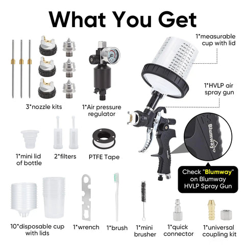 Premium HVLP Air Spray Gun Kit With Three Precision Nozzles And Ten Disposable Cups For Hella Smooth Paint Application And Top Notch Finish Quality On Wood And Auto Projects, including accessories.
