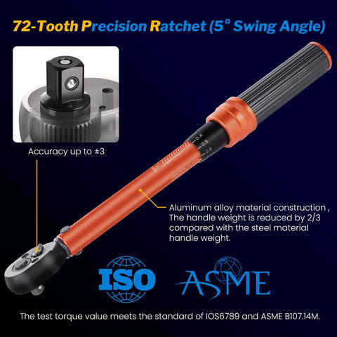 Bike Torque Wrench Set One Quarter Inch Drive With 72-Tooth Dual Direction Click Mechanism 1-25 Nm showing precision ratchet