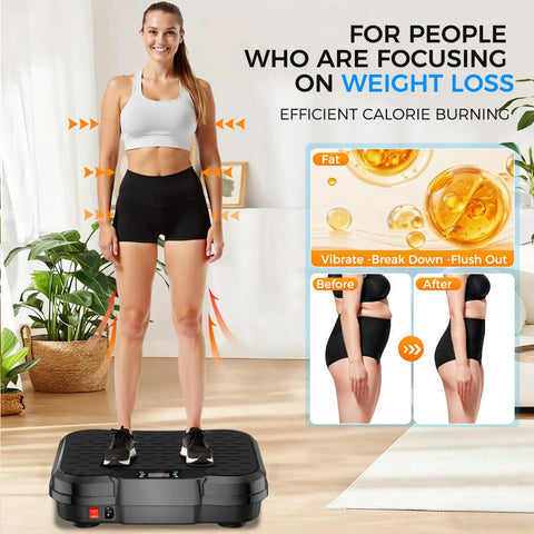 Person standing on Vibration Plate for Full Body Fat Burning and Lymphatic Drainage with a 200W Motor in home setting.