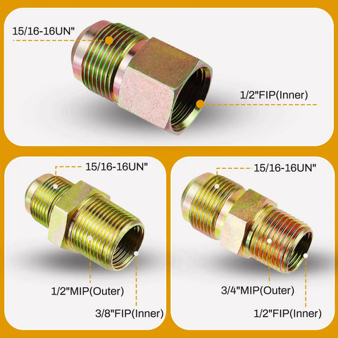 Adapters from Flexible Gas Line Kit For Dryer Stove And Range, includes 1/2 FIP, 1/2 MIP, 3/4 MIP fittings display.