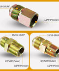 Image showing three metal adapters included in the 60 Inch Flexible Gas Line Kit For Dryer Stove Range With Stainless Steel Connector.