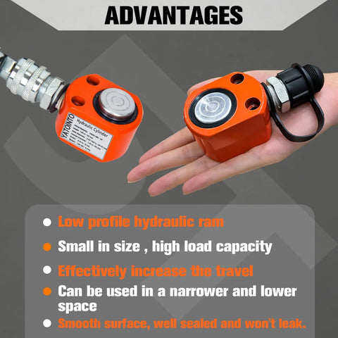 Hand holding Beefy 10 Ton Low Profile Hydraulic Cylinder Jack Porta Power Ram with 0.98 inch stroke and orange casing