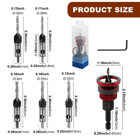Badass Seven Piece Countersink Drill Bits Kit Featuring Four Flute HSS Tapered Heads And Adjustable Aluminum Depth Stop Collar For Sweet Softwood Cutting Plus Hex Shank Adapter And Rugged Carrying Case size comparison with dimensions.