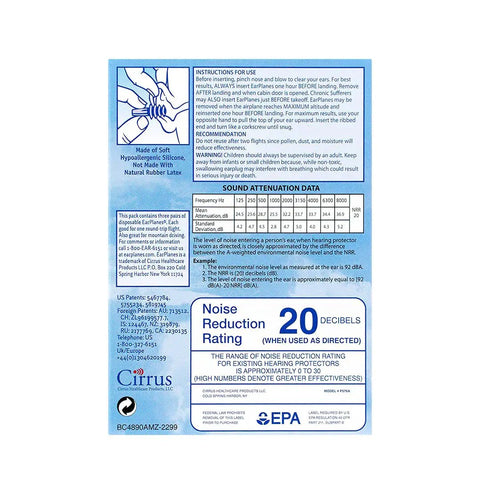 Ultra Soft Adult Ear Plugs For Airplane Travel Pressure Regulating Ear Protection box back with instructions and ratings