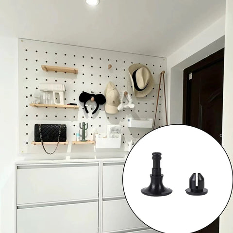 Fifty Black Push Lock Pins For Media Centers And Equipment Panels Rock Solid Expanding Fasteners shown on a pegboard wall with accessories.