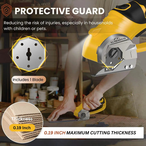 Upgrade Your Workflow With This Badass 4V Cordless Electric Scissors cutting through 0.19 inch cardboard with protective guard.