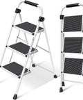 350 Lb Capacity 3 Step Folding Ladder With Non Slip Feet And Offset Legs Anti Slip Wide Steps And Handgrip ANSI Certified Lightweight Aluminum Stepping Stool For Kitchen Home Office And Garage, folded and open views