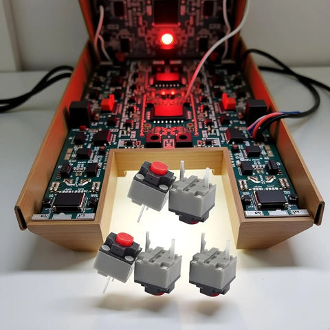 5Pcs Silent Mouse Micro Switches 6x6x7.3mm Square Buttons Lowkey Quiet Clicks for Gaming and Office with circuit board backdrop