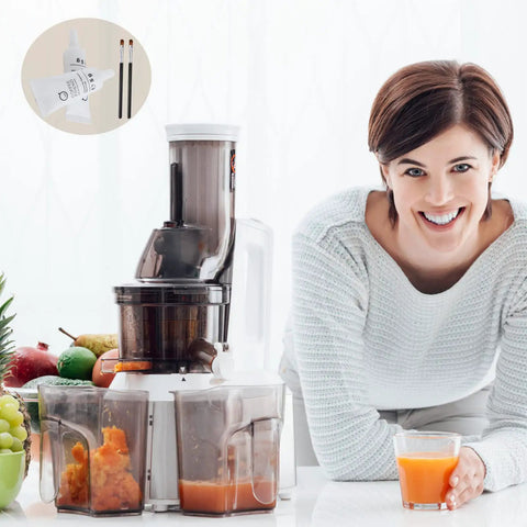 Woman using white juicer with fresh fruits and glass of juice, inset shows cleaning brushes.