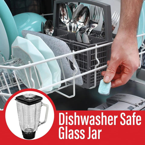 Replacement Glass Jar Set For Oster Blender 1.2 Liter Capacity Clear Fits Oster Blenders shown in dishwasher.