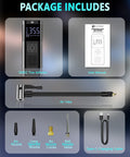 Cordless Tire Inflator Portable Air Compressor with LED Light, user manual, air tube, nozzles, and charging cable included